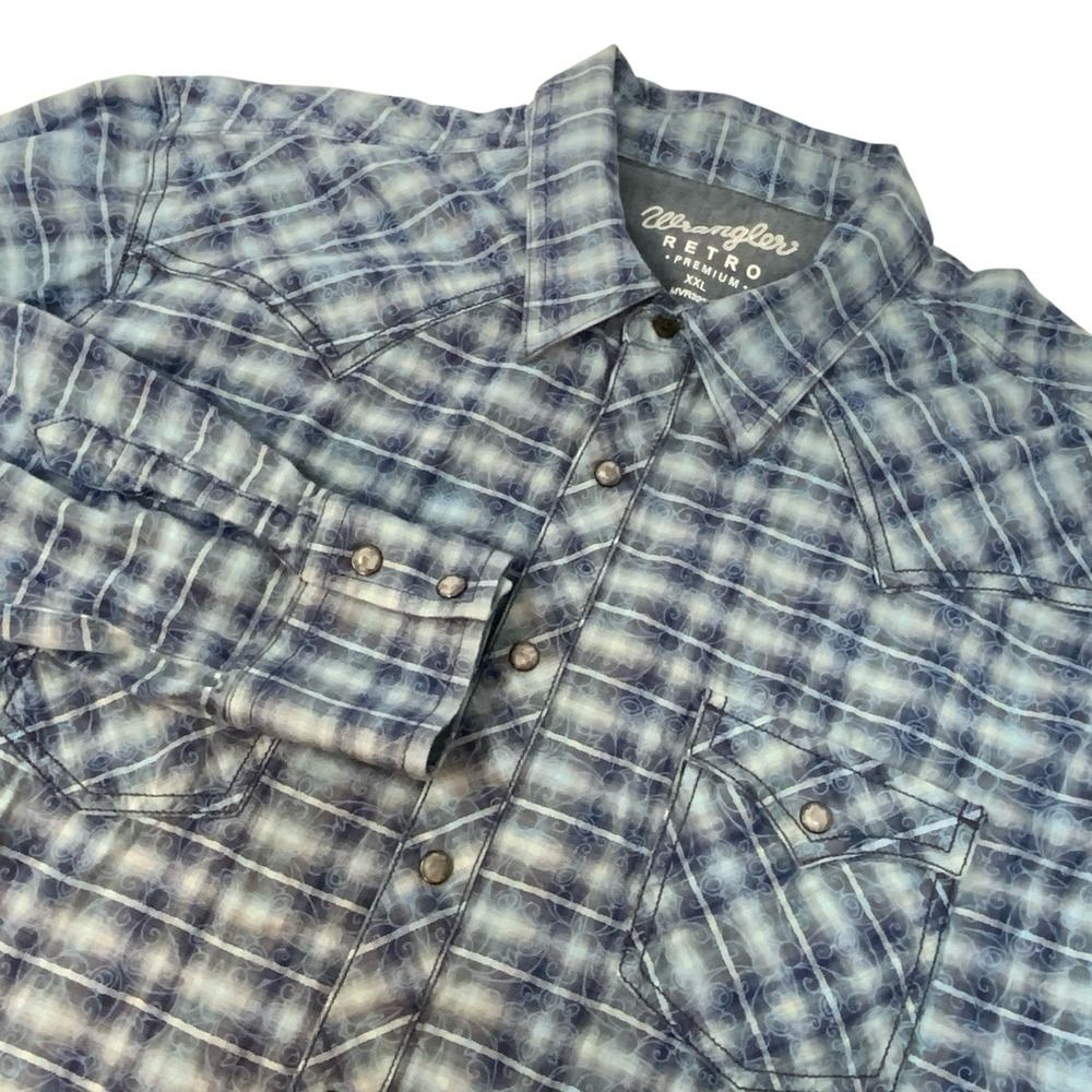 Wrangler Retro Premium Shirt Mens XXL Blue Plaid Pearl Snap Western Long Sleeve